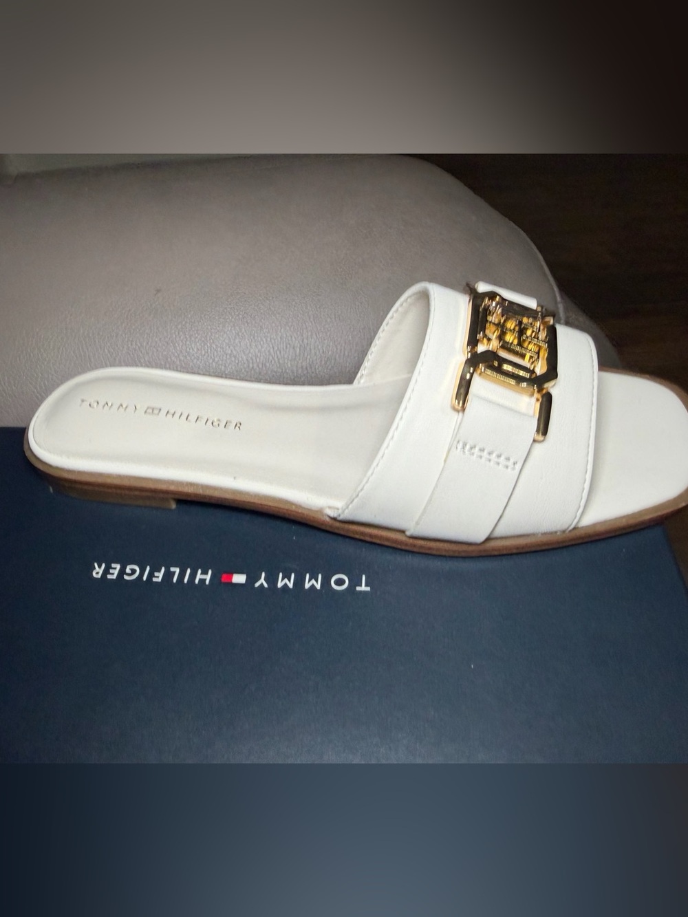 Tommy Hilfiger White Leather Slide with Gold Buckle